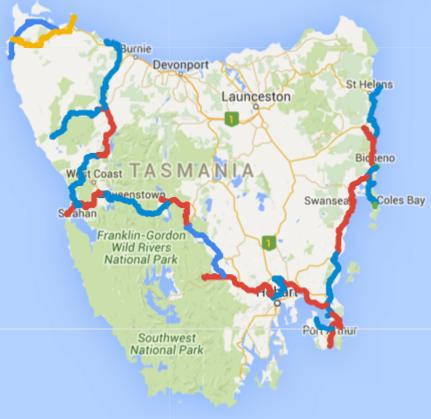 Map of Day 1-28 cycling in Tasmania. Alternating days are coloured blue and red. Today is yellow